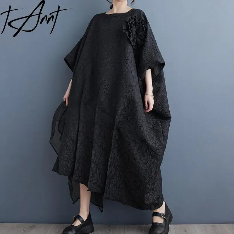 

Tannt Women Dress Batwing Sleeve Mesh Patchwork Asymmetric Casual Dresses Irregular Fashion Loose Long Summer Dresses 2025 New