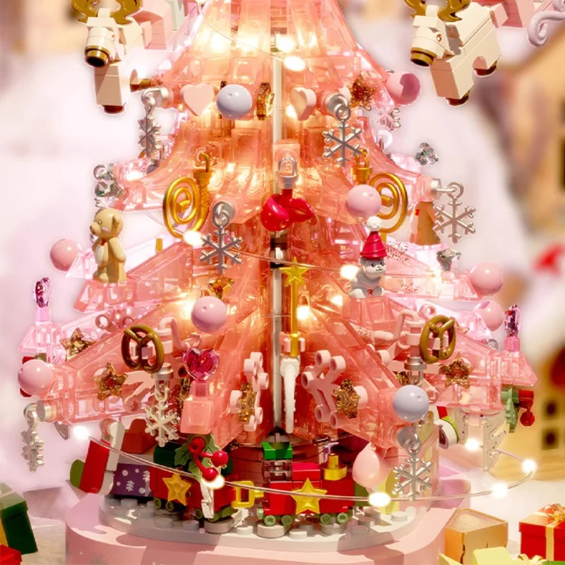 SEMBO Pink Christmas Tree Music Box Building Blocks Santa House Xmas Tree Decoration Assembling Bricks Toys DIY For Kid Gift