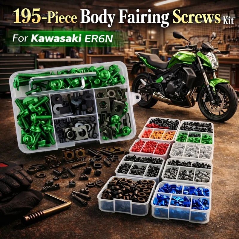195-teiliges Motorrad-Verkleidungsschrauben-Set mit Muttern für Kawasaki ER6N ER 6N ER-6N 2006-2016 2013 2014 2015, Aluminium CNC-Clips