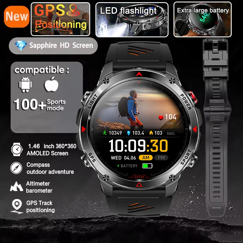 

2025 Новый GPS для HUAWEI Xiaomi 540 мАч AMOLED Смарт-часы Мужчины Спорт Фитнес Светодиодный фонарик 3ATM Водонепроницаемые BT Call Smartwatch