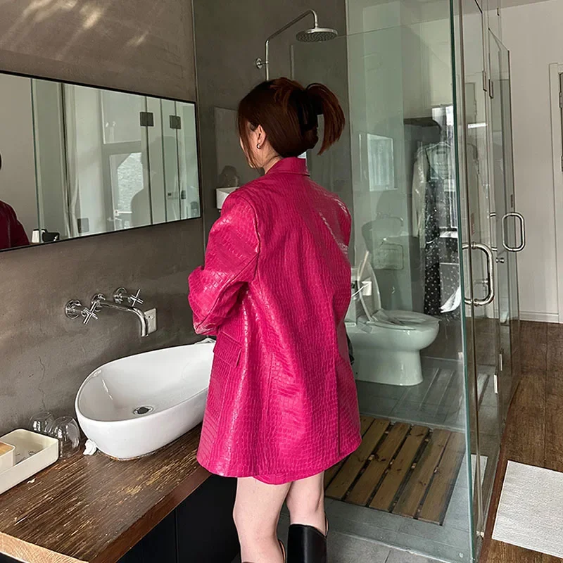 Chaqueta de traje de piel sintética con patrón de cocodrilo rojo y rosa coreano para mujer, chaqueta informal con cuello de traje de un solo pecho, ropa de calle