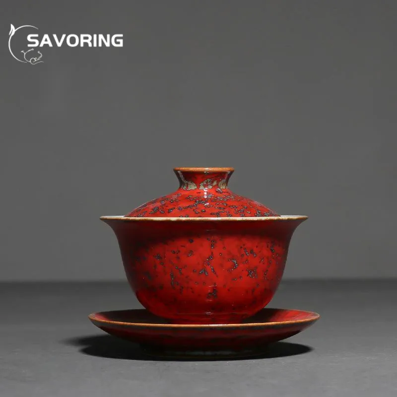 125ml Handmade Ru Kiln Ceramic Gaiwan Creative Klin Change Red Rust Tea Bowl with Saucer Kit Tea Tureen Tea Brewing Cover Bowl