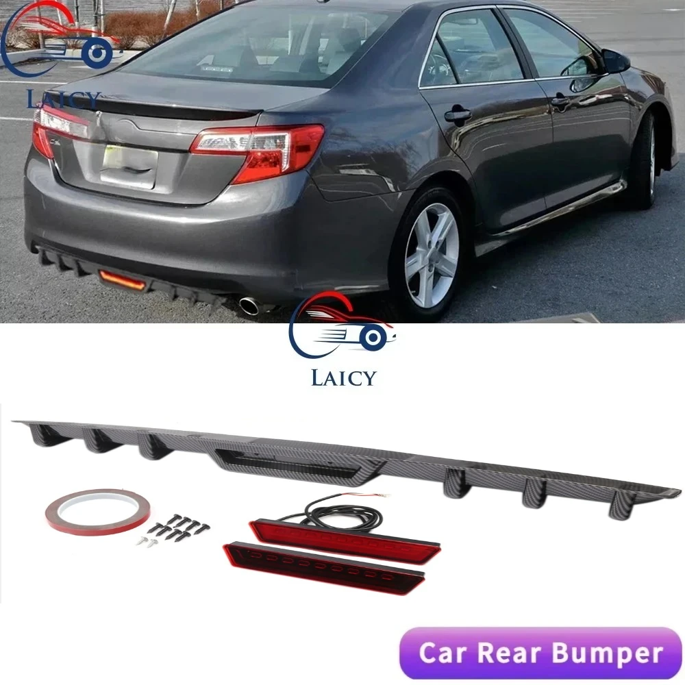 LAICY For Camry Car Rear Bumper Diffuser Lip w/ Tail Brake Stop Light Splitter Spoiler Shark Fin Lip Kit Black