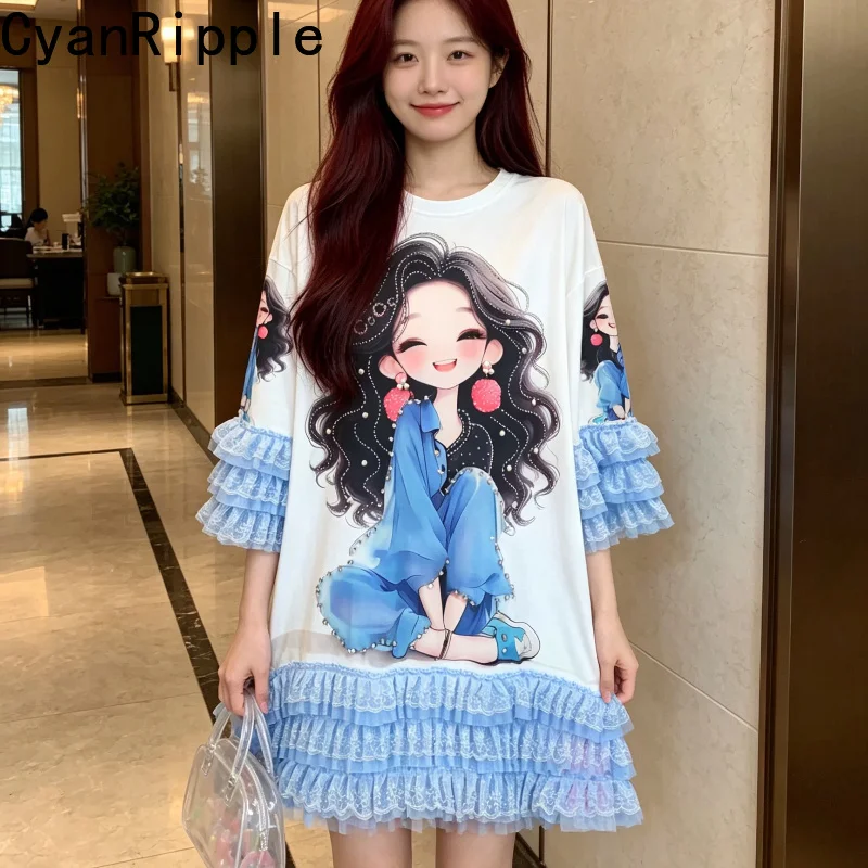 New Spring Summer All-match Round Neck Pullover Top Cute Cartoon Printing Beading Elegant Lace Half Sleeve Top Princess Dress