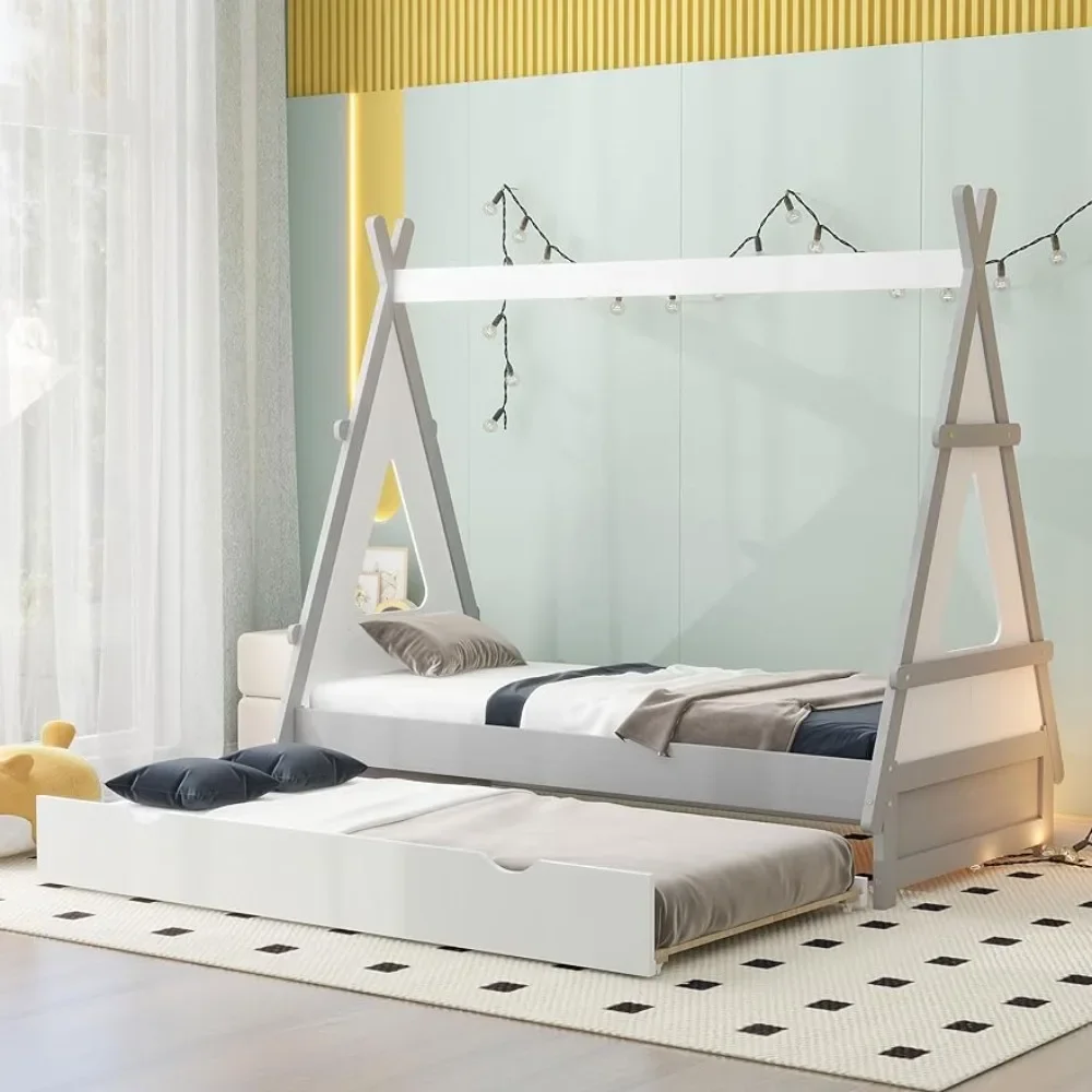 

Double size tent floor bed with pull-out double size stand, children's bedroom furniture, no box springs required, white