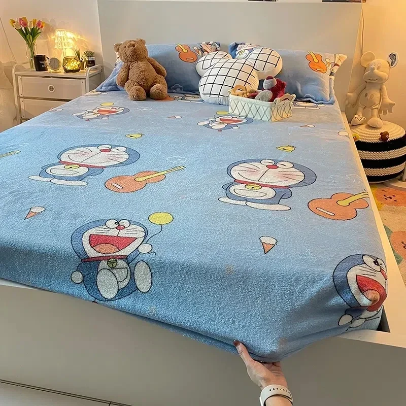 Doraemon cartoon Bed Hat sheet Thickened Flannel Cute Doraemon Bed Sheet All-inclusive Non-slip Dormitory Bedspread