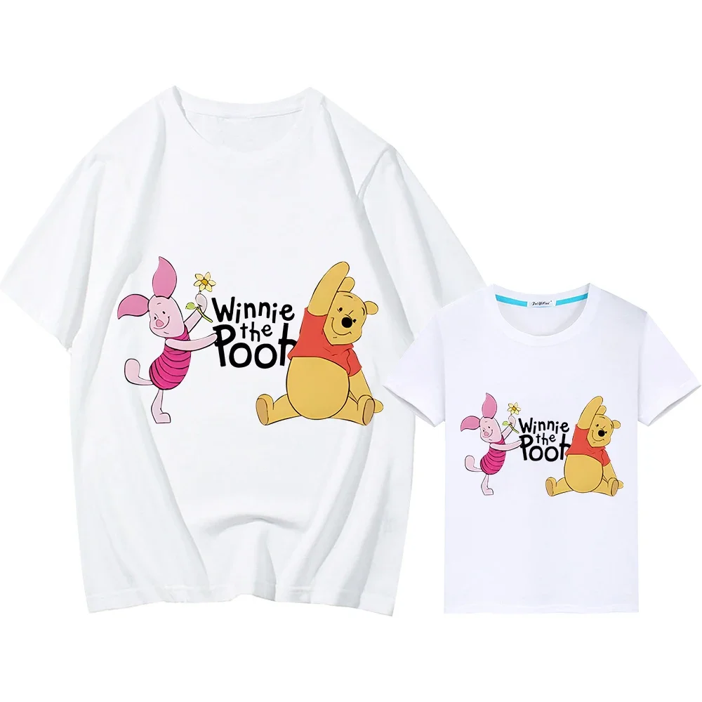 Disney mother daughter matching clothes girls anime Short Pooh Bear Print 100%Cotton t shirt for kids Kawaii Men women Tops y2k