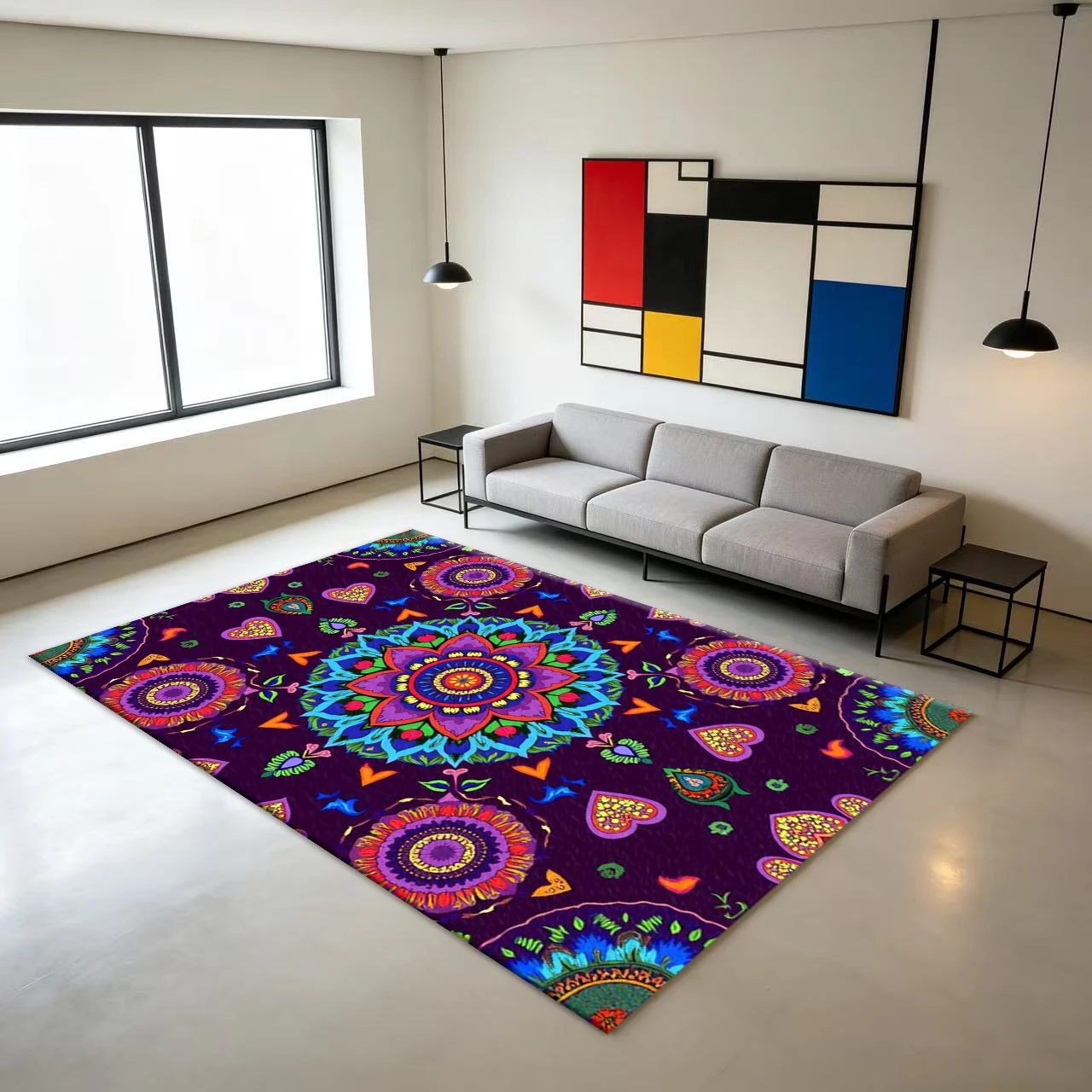 Colorful Bohemian Mandala Floral Carpet Floor Tiles with Bright Folk Art Patterns Are Suitable for Home Living Room Decoration