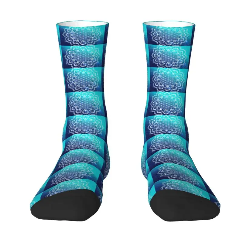 Custom Flower Of Life Mandala Blue Mens Crew Socks Unisex Fun 3D Printing Lotus Dress Socks