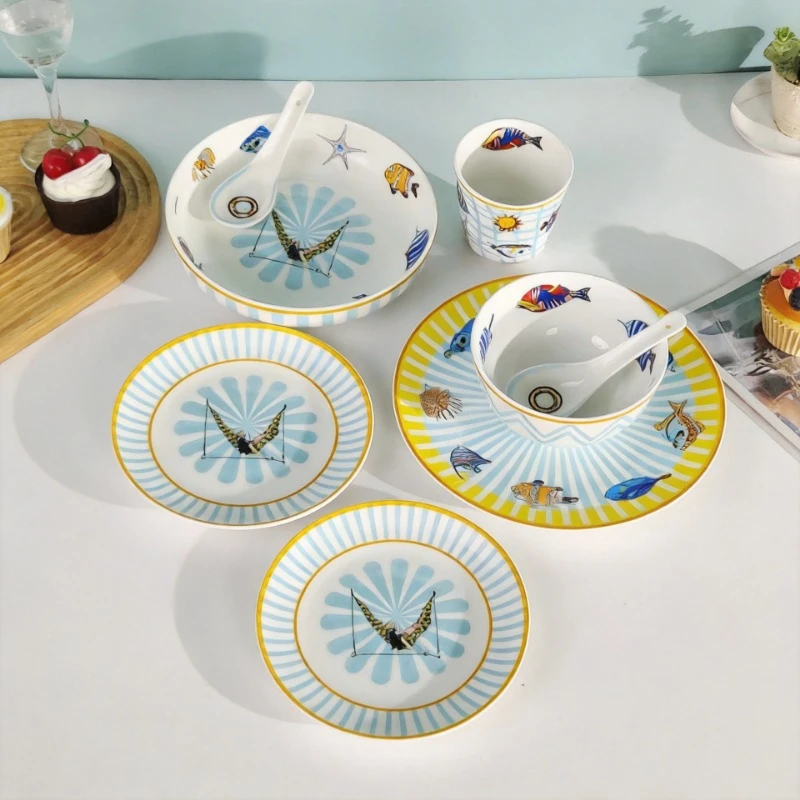 Ocean Series Tableware Six-Piece Set Children's Cute Bone China Rice Bowl Dinner Plate Breakfast Cup Gift