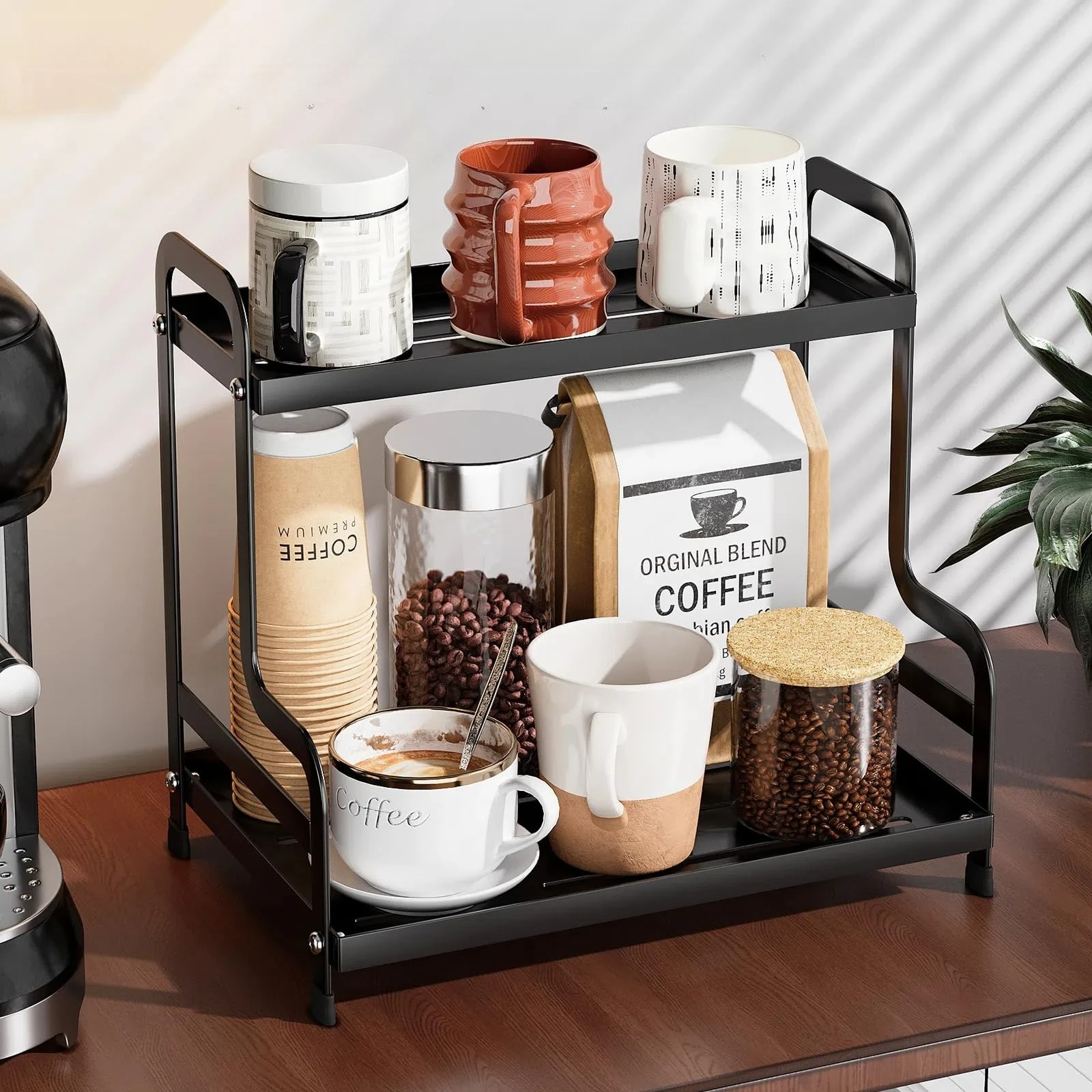 

2 Tier Coffee Bar Organizer and Accessories Storage Countertop Shelf for Kitchen Coffee Station Organizer Mug Holder