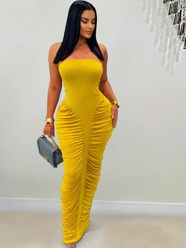 Beyprern Elegant Orange Ruched Maxi Dress For Women Sexy Strapless Tube Top Bodycon Long Dress Night Clubwear Outfits Vestidos - Image 5