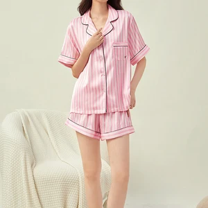 Loungewear -Kurzärmel für Frauen, gleiche Sternstil, rosa Streifenpyjama, feiner Flip -Kragen, klassischer Pyjama, Freizeitset, Mäntel 8 Hauptverkauf Pijama Star - №8