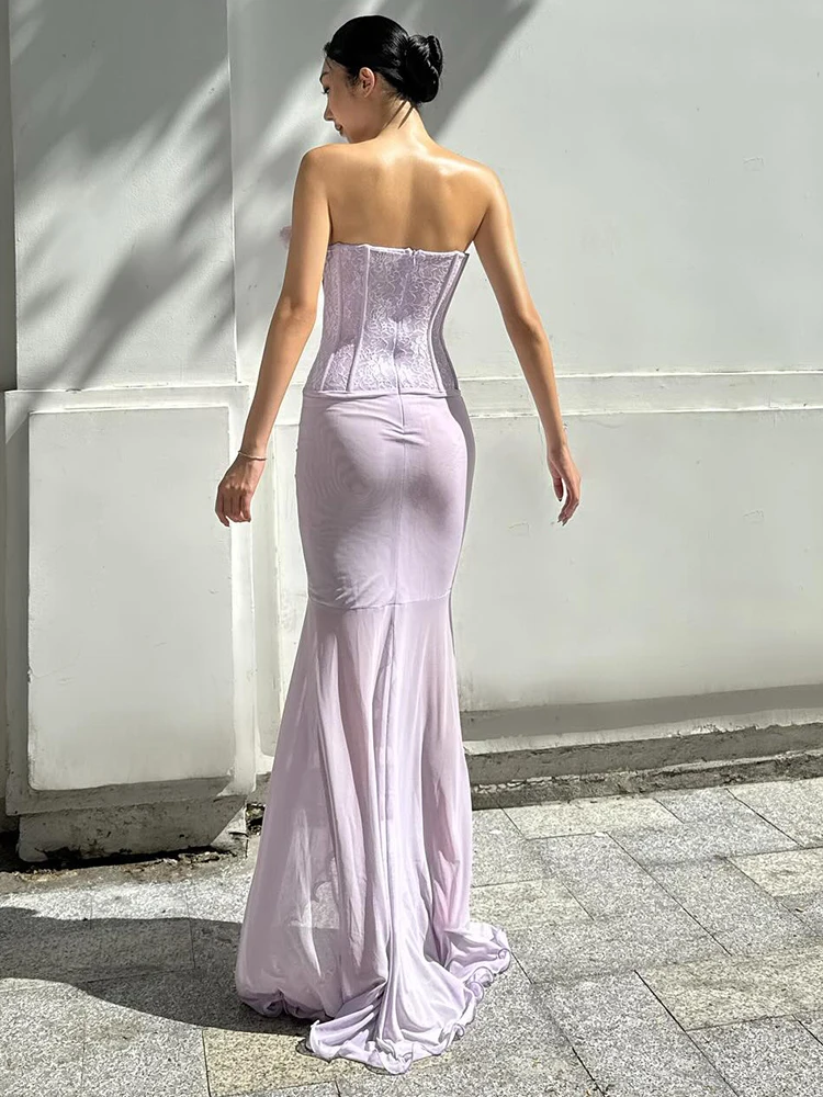 여성용 VC 플로럴 코르셋 메쉬 롱 드레스 – 컷아웃 뷔스티에 이브닝 드레스, 3D 로제트 슬림핏 머메이드 맥시 드레스