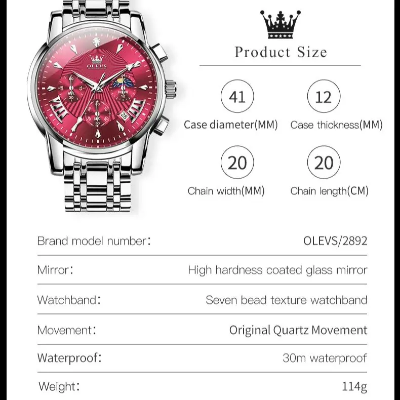 ساعة OLEVS 2892 للرجال ماركة فاخرة كوارتز ساعة كلاسيكية بتقويم مرحلة القمر كرونوغراف مقاومة للماء ساعة رجال الأعمال الأصلية #6