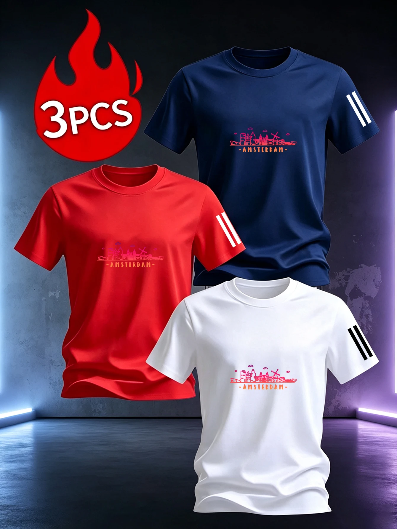 3 Pack Men Amsterdam City Skyline Graphic T Shirts Windmill Building Print Crew Neck Tees