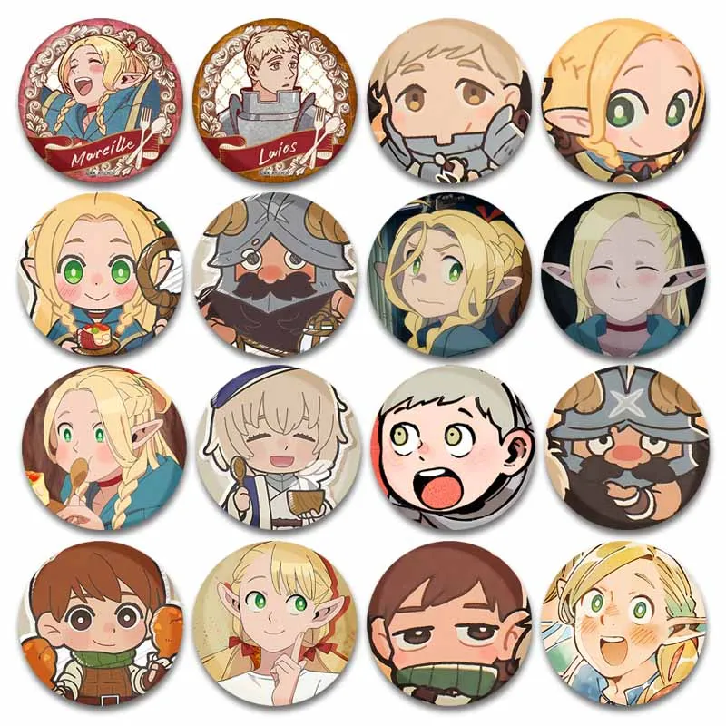 Delicious in Dungeon Anime Soft Button Lapel Pins Cartoon Marcille Round Snap-in Brooch Pin on Backpack Jewelry Decoration Gifts