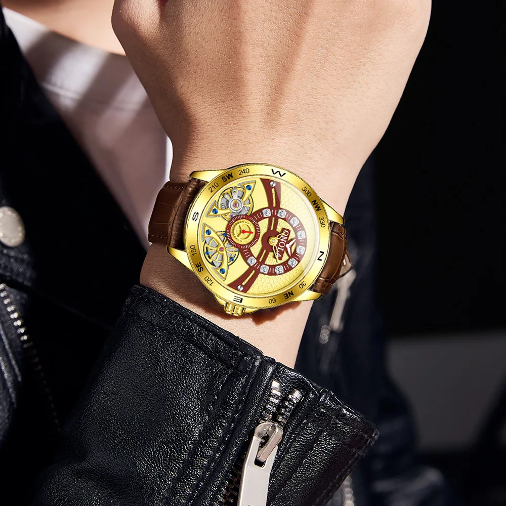 تصميم جديد فاخر للرجال توربيون ساعة ميكانيكية عالية الجودة جلدية ساعة أوتوماتيكية مقاوم للماء ساعة ذهبية رجال الأعمال على مدار الساعة #6