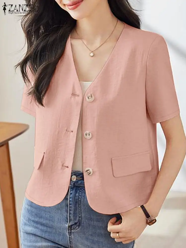 ZANZEA Elegant V Neck Shirt Tops Korean Fashion Solid Color Button Up Office Lady Blouses Women Short Sleeve Commute Overshirt