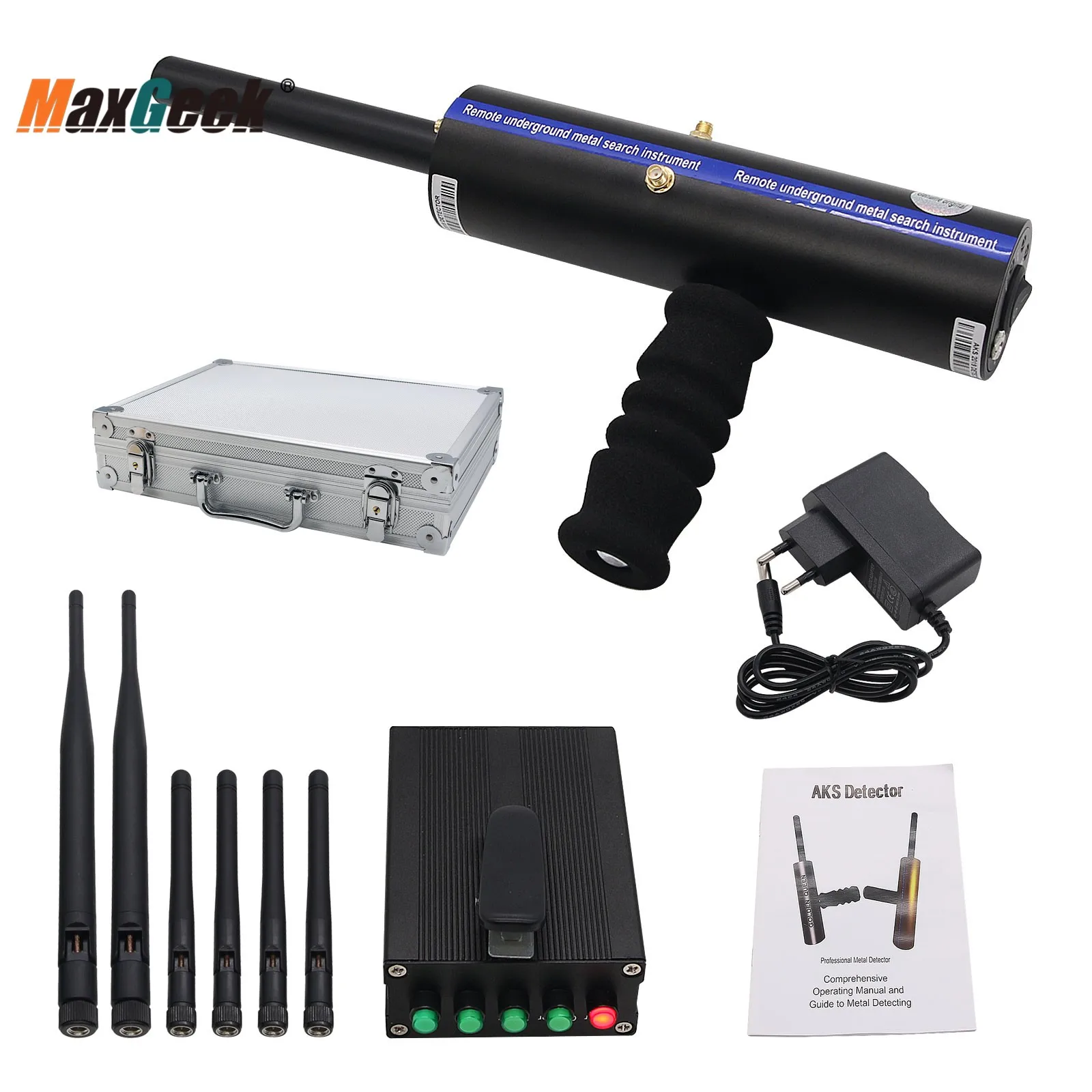 Imagem -06 - Maxgeek Aks Detector de Metais de Longo Alcance Ouro Gemas Diamante Finder Preto com Seis Antenas de Alumínio Estojo de Transporte
