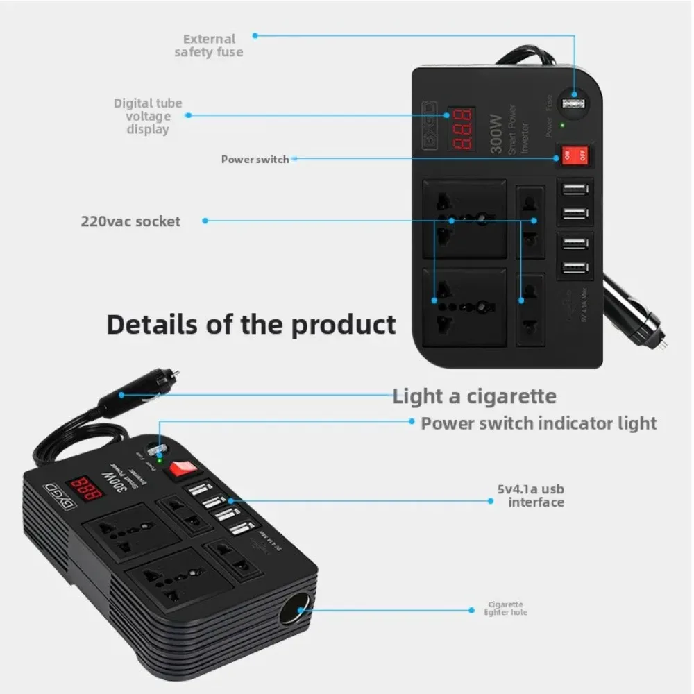 300W Modified Sine Wave Car Power Inverter 12V DC to 220V AC, Multifunctional Power Converter for Vehicle & Home Use