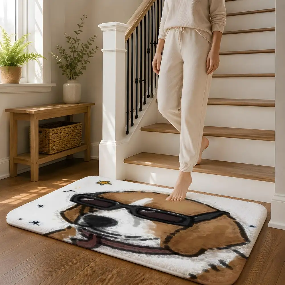Cute Funny Puppy Floor Mat Flannel Rug Non Slip Absorbent Soft Washable For Entryway Hallway Bathroom Kitchen Decor