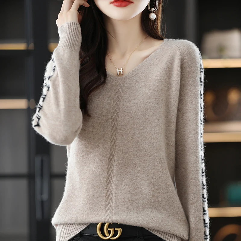 Pure Wool Sweater Women\'s V-Neck Stitching Long-Sleeved Top Autumn Winter Warm Commuter Pullover Loose Knitted Cashmere Sweater