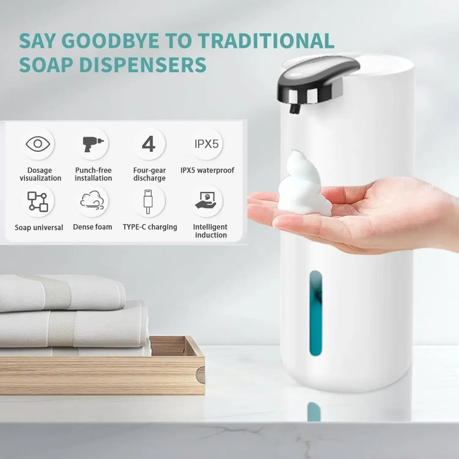 380ml Electric Sanitizer Dispenser Electric Wall Mounted Motion Sensor Waterproof Soap Dispenser Pump for Bathroom Kitchen Dish