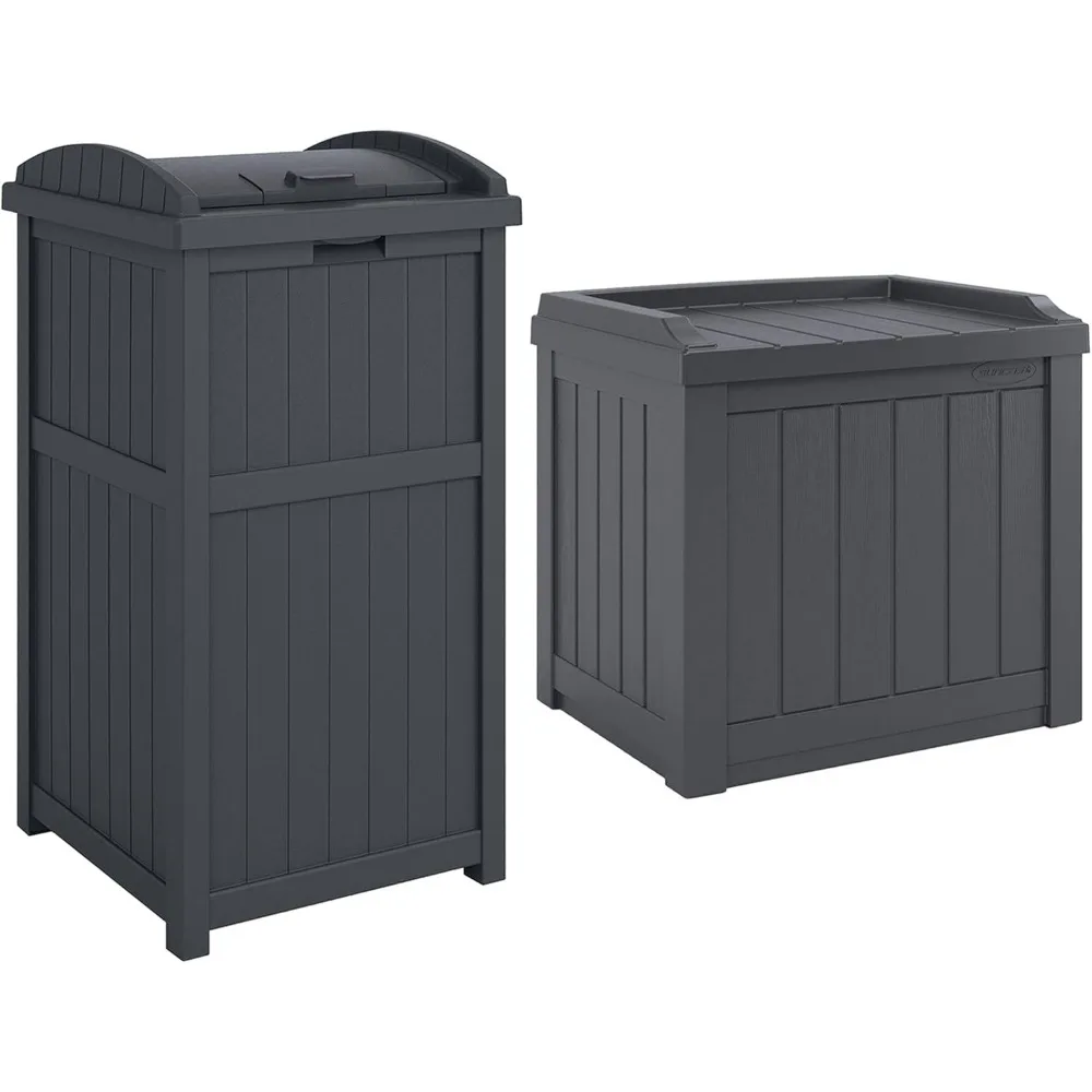 

22-Gallon Outdoor Patio Backyard Deck Box Storage Bench and 30-Gallon Hideaway Trash Waste Bin with Latching Lid, Cybers