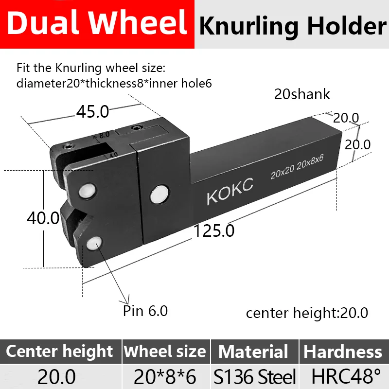 20*20mm 20*8*6 Dual Wheel Knurling Tools KOKC For CNC Lathe feeding 30°Diamond 45°Square pattern