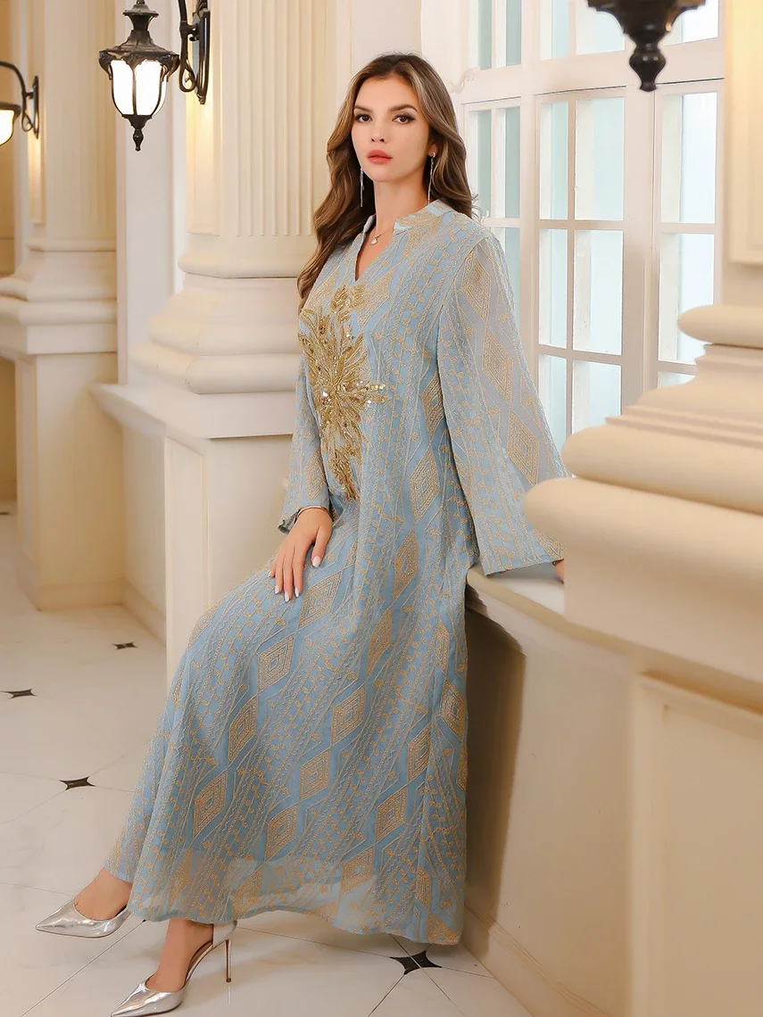 Eid Long Robe Muslim Women Party Sequins Jalabiya Dresses Embroidery Ramadan Abayas Kaftan Islam Vestidos Arab Morocco Dubai