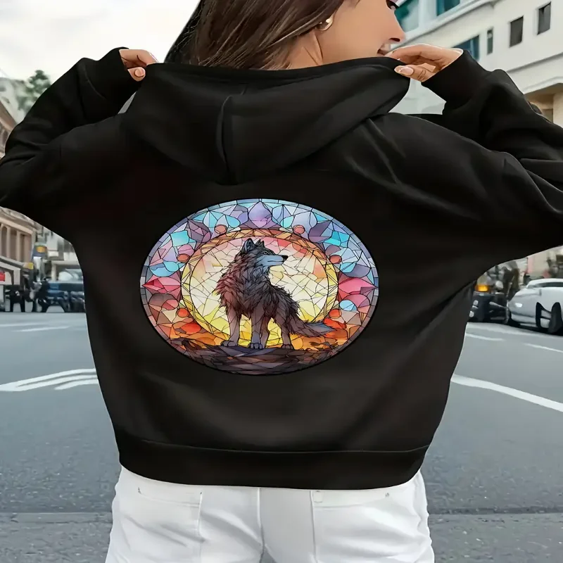 

Женская толстовка с капюшоном и рисунком волка спереди, толстовка с капюшоном, повседневная официальная одежда, осенне-зимний сезон, удобная женская одежда