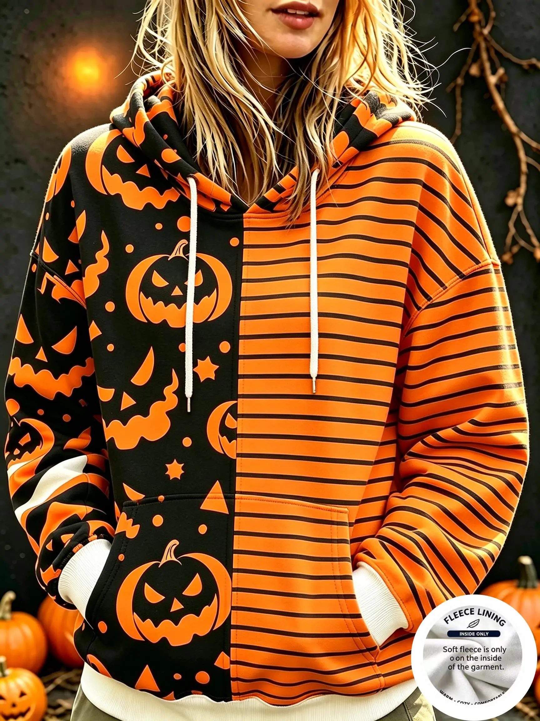 Halloween Split Stripe Print Women Fleece Hooded Sweatshirt Long Sleeve Kangaroo Pocket Pullover