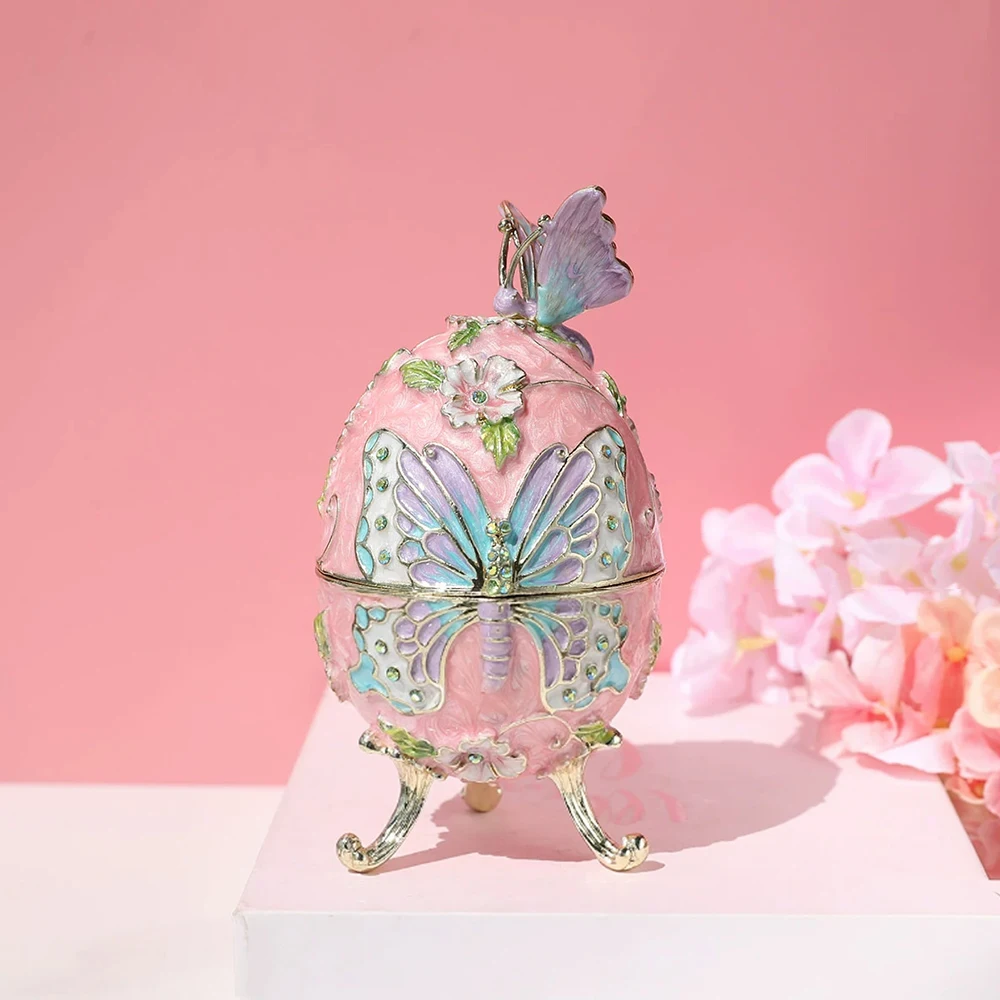 Hand Painted Enameled Faberge Egg Jewelry Box Butterfly Trinket Box with Hinged, Vintage Decorative Keepsake Box for Easter Gift