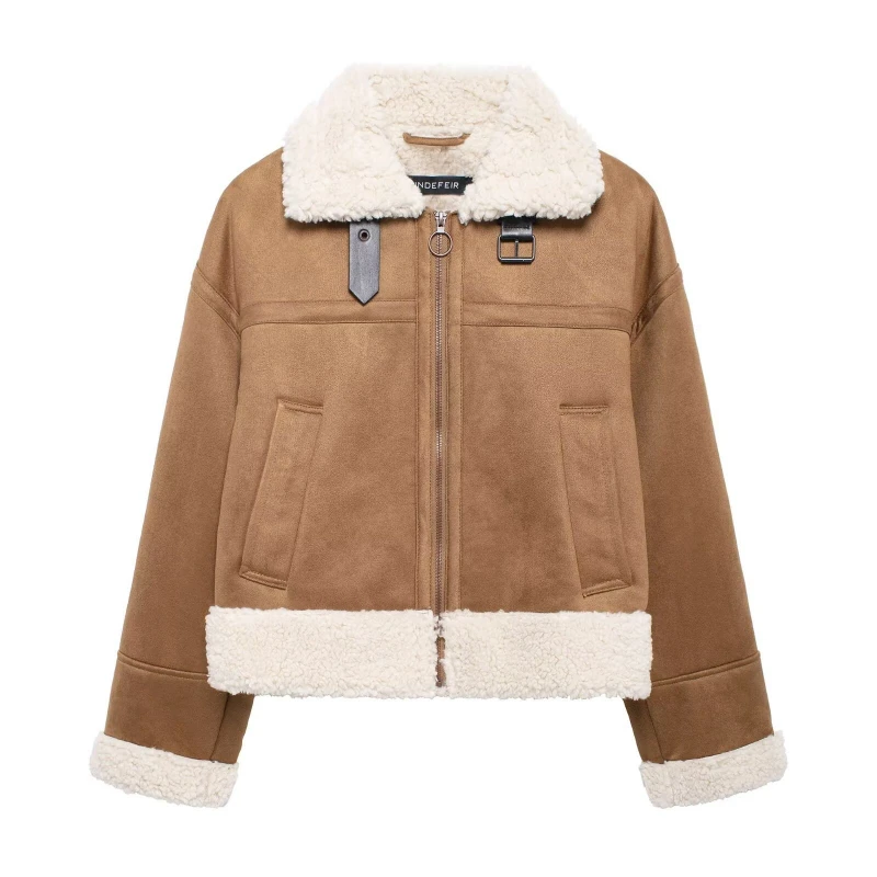 

Khaki Lapel Faux Fur Coats Zipper Leather and Fur Furry Jackets Fluffy Casual Luxury Warm Thick Faux Lamb Plush Coats Patchwork