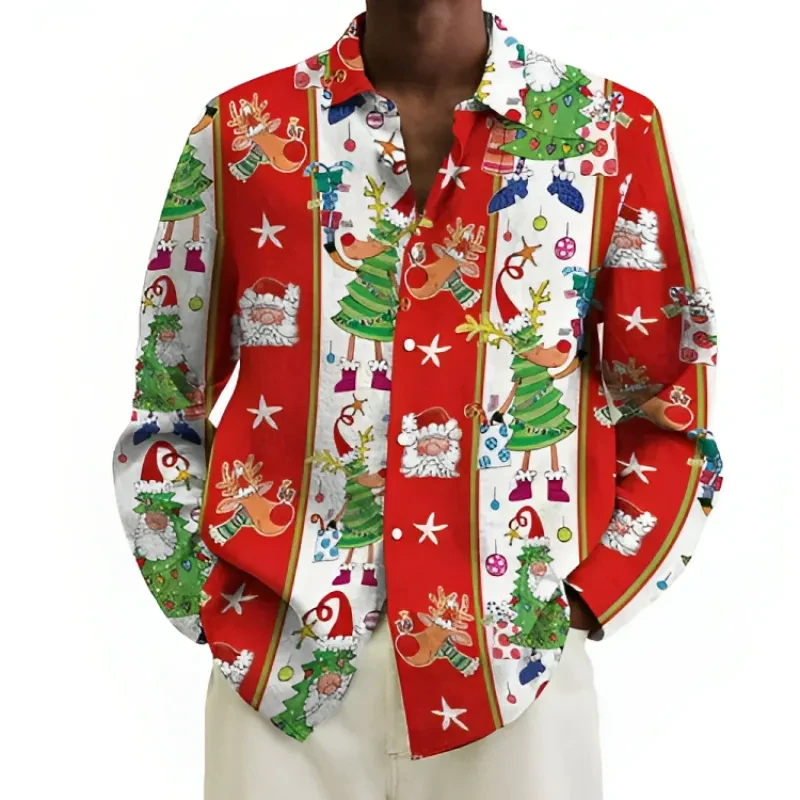 Men's Christmas themed printed shirt casual everyday jacket autumn and winter long sleeve fun Christmas tree cartoon shirt