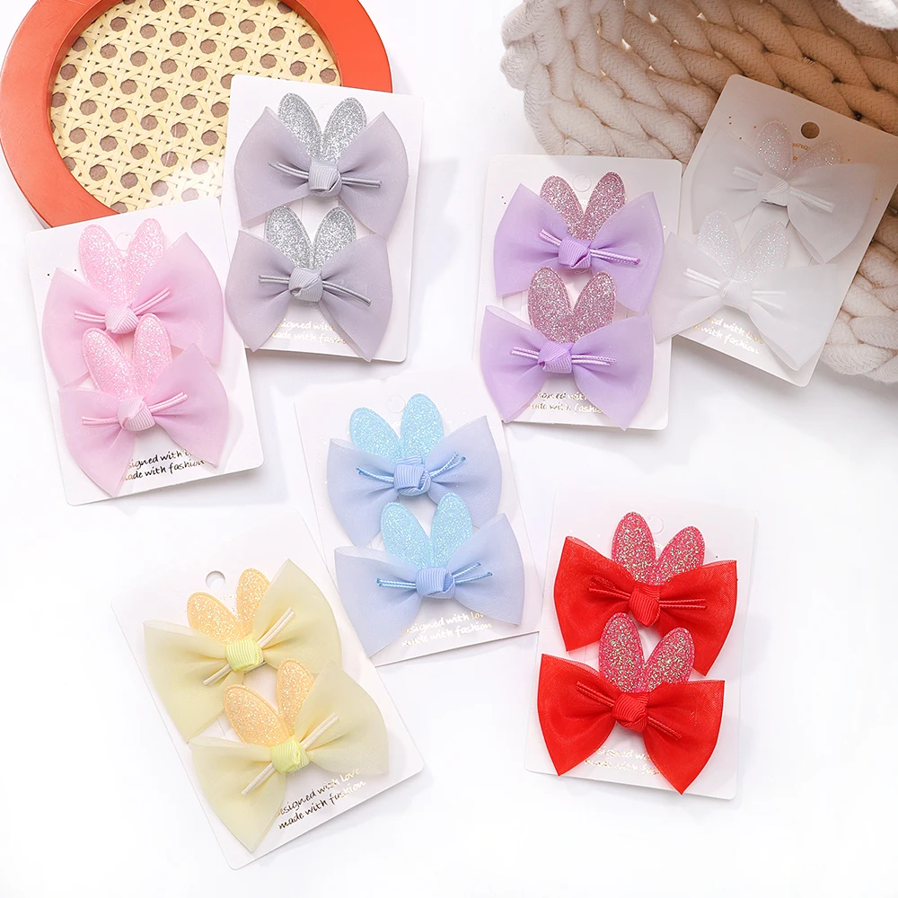 2Pcs Solid Color Embroidered Plaid Bows with Hair Clips Kids Girls Cotton Bow Hairpin Barrettes Baby Headwear Hair Accessories