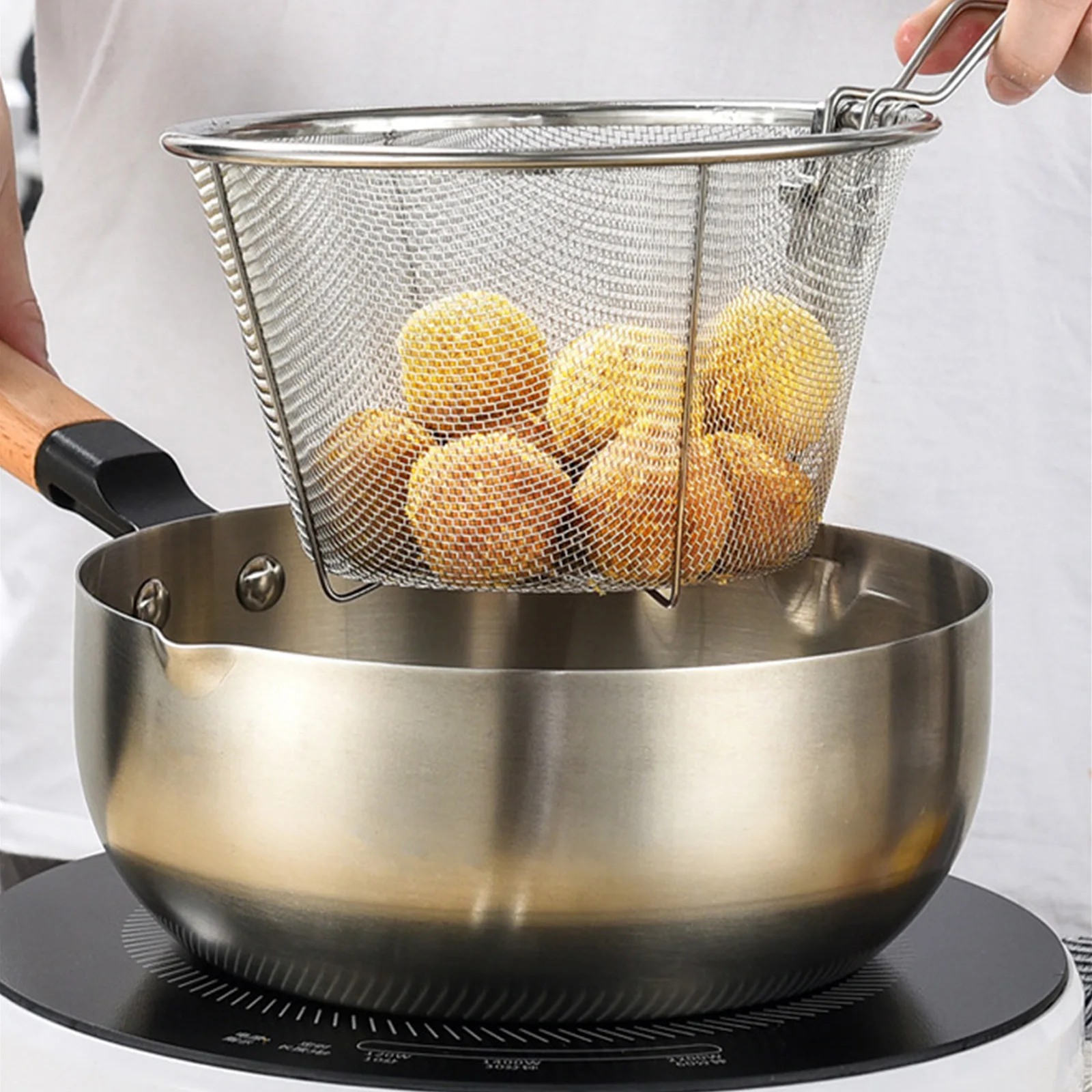 

15/18cm Frying Net Filter Stainless Steel Round Vegetable and Fruit Drain Basket Multifunctional Kitchen Tools for Home Cooking