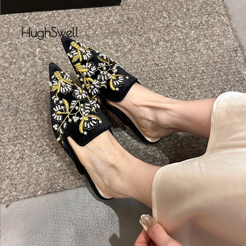 Designer Style Luxury Pearl Beads Velvet Mules Woman Elegant Pointed Toe Embroidery Velour Slippers Ladies Vintage Slide Shoes