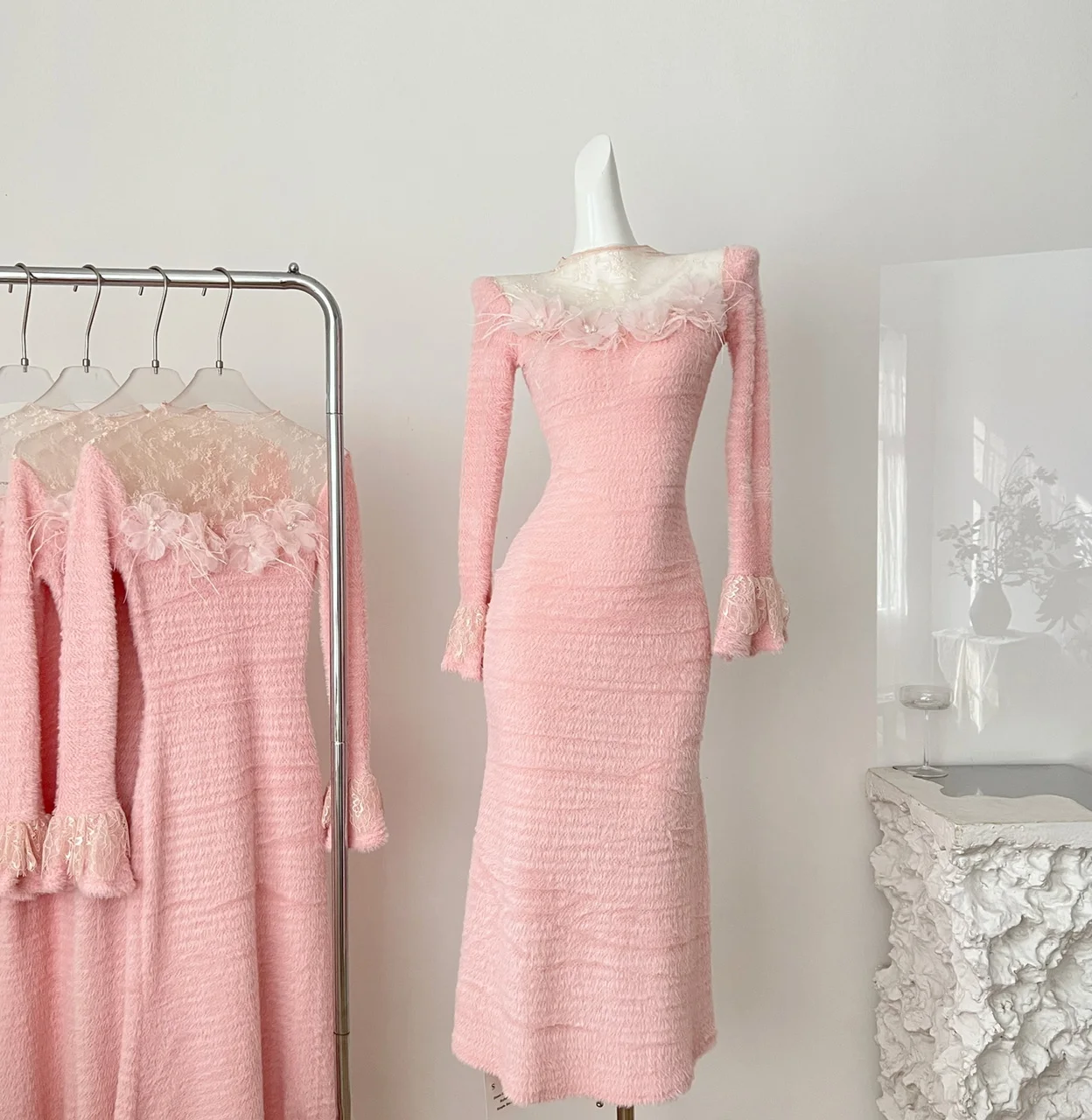 المرأة الخريف الشتاء أنيقة يزين ثلاثية الأبعاد الزهور ساحة الرقبة Bodycon فستان طويل سيدة مثير مضيئة كم سليم محبوك فستان #1