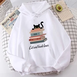 Cat and Book Lover Print Hoodies Women Aesthetic Kawaii Graphic Hoodies Female Hooded Sweatshirts Black Cat Vintage Clothing