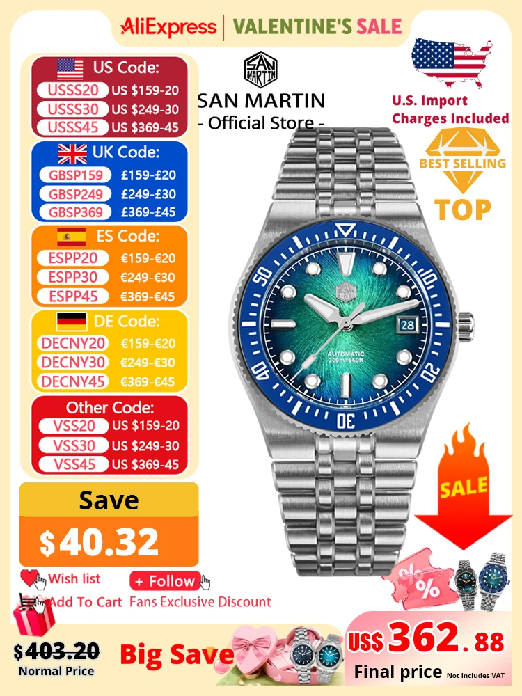 

San Martin 40mm Enamel Spiral Dial Integrated Bracelet Men Diver Watch Miyota 9015 Automatic Mechanical Waterproof 200m SN0148