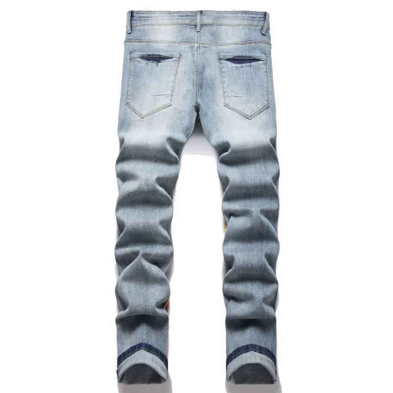 Original Men's Street Fashion Light Grey Nostalgic Print Embroidered Patch Stretch Slim Denim Pants