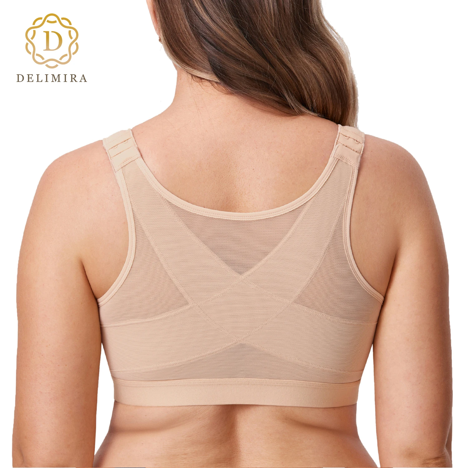 DELIMIRA Women\'s Posture Front Closure Bra Plus Size Wireless Back Support Full Coverage Unlined