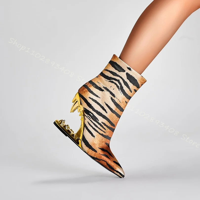 Metal Dental Heel Tiger Pattern Boots Pointed Toe Silk Strange Style Side Zipper Women Fashion Shoes 2023 Zapatos Para Mujere