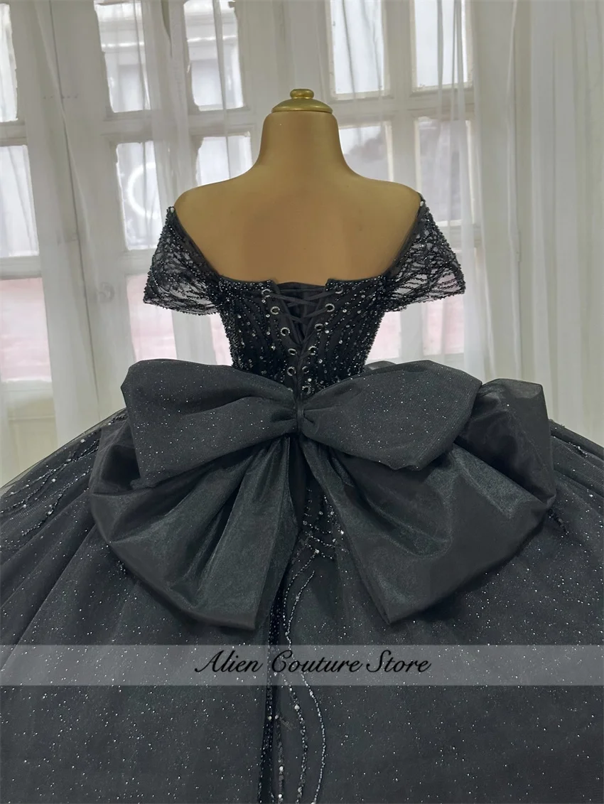 Glitter Zwart Quinceanera Jurken Baljurk Vestidos De 15 Anos Off-Shoulder Zoete 16e Verjaardag XV Prinses Partij Aangepaste