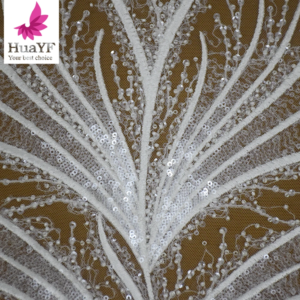 1 Yard French Sequin Heavy Bead Leaf Shaped Tulle White Romantic Bridal Wedding Dress Lace Fabric HY1511