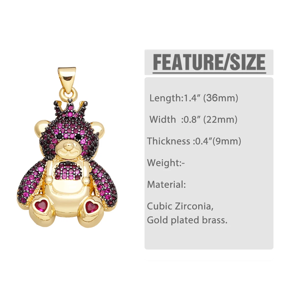 OCESRIO Big Fuchsia Crystal Crown Bear Pendant for Necklace Copper Gold Plated Heart Jewelry Making Supplies Wholesale pdtb326