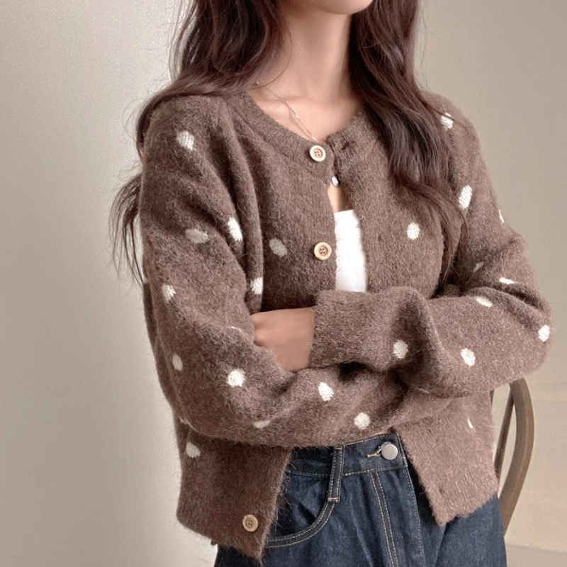 

Корейский вязаный открытый кардиган в горошек, свитер, женский осенне-зимний Новое поступление, свободные повседневные вязаные топы в ленивом стиле, верхняя одежда