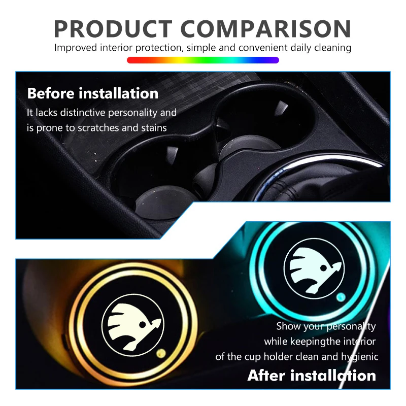 Car Water Cup Slot Colorful Light Decorate Pad Anti-slip Mat For Skoda octavia a5 a4 mk1 2 fabia superb rapid mk3 yeti 2006